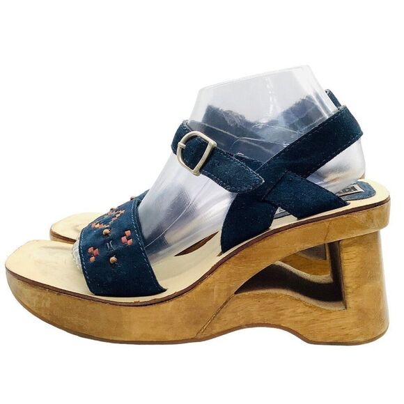 RIVERSTONE 90s does 70s Y2K Wooden Platform Cut-Out Wedge Sandals Embellished - Picture 6 of 9